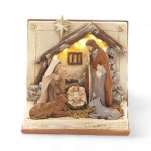 Bruco natività in resina su libro con luci multicolore 16x16x15 cm.