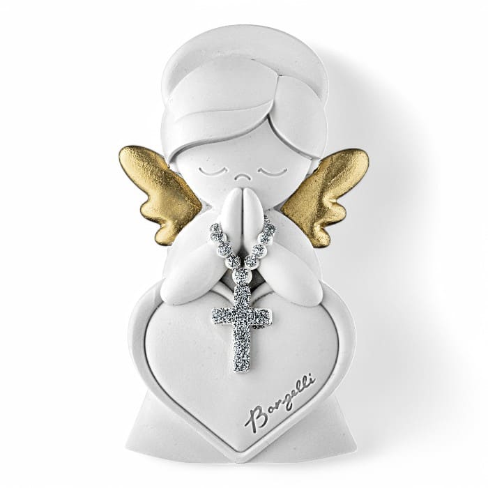 Statuetta in resina con angelo dalle ali dorate e croce argentata, altezza 11 cm.