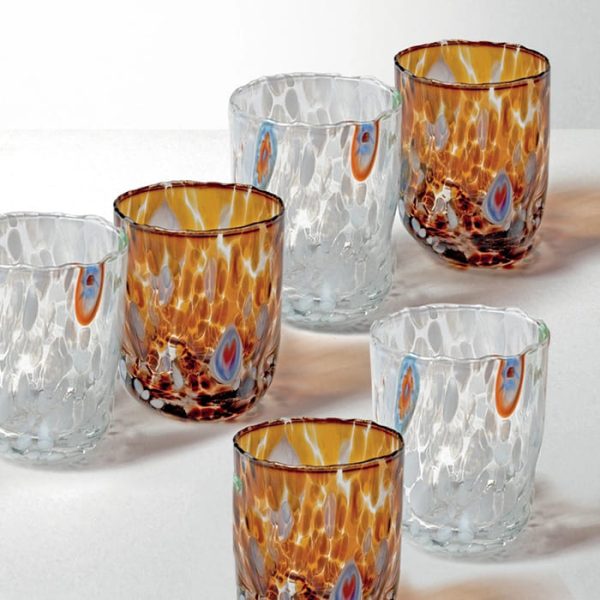 Set di 6 bicchieri in vetro con design ispirato alle piume del pavone.