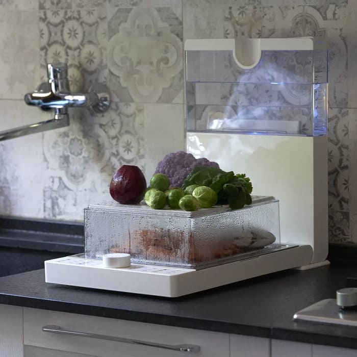 Vaporiera elettrica Vivo Vapo Jet con design salva-spazio e doppio livello di cottura.