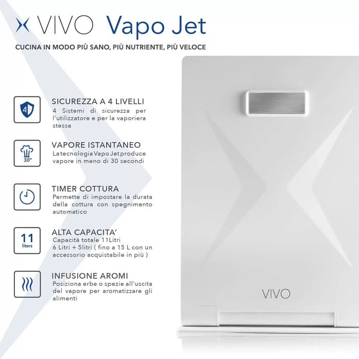 Vaporiera elettrica Vivo Vapo Jet con design salva-spazio e doppio livello di cottura.