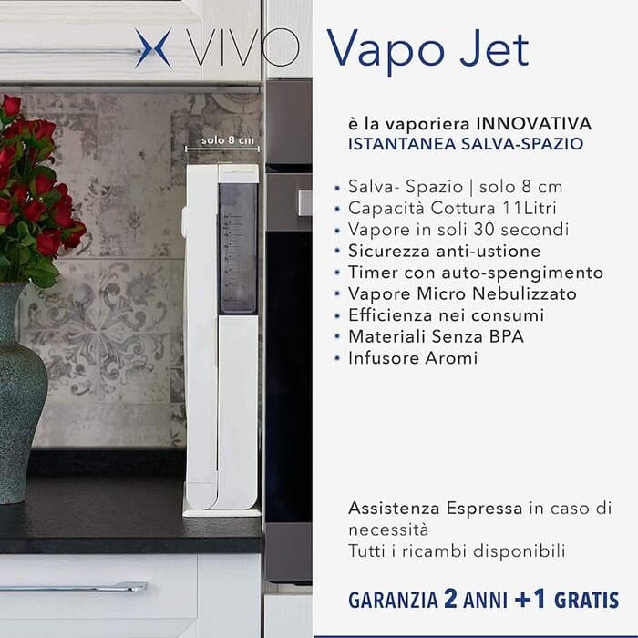 Vaporiera elettrica Vivo Vapo Jet con design salva-spazio e doppio livello di cottura.