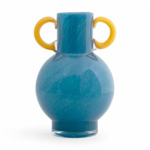 Vaso Fiesta Glass Bright Blue con manici Yellow in vetro soffiato