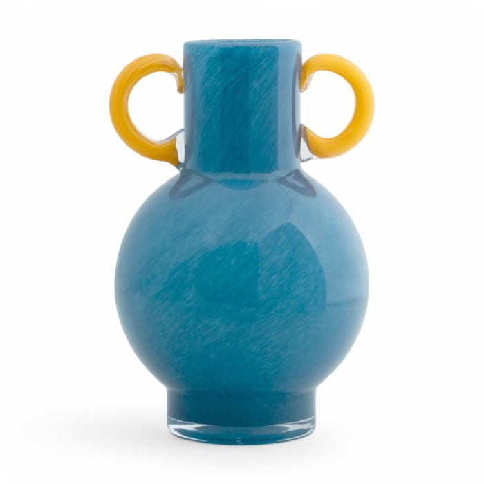Vaso Fiesta Glass Bright Blue con manici Yellow in vetro soffiato