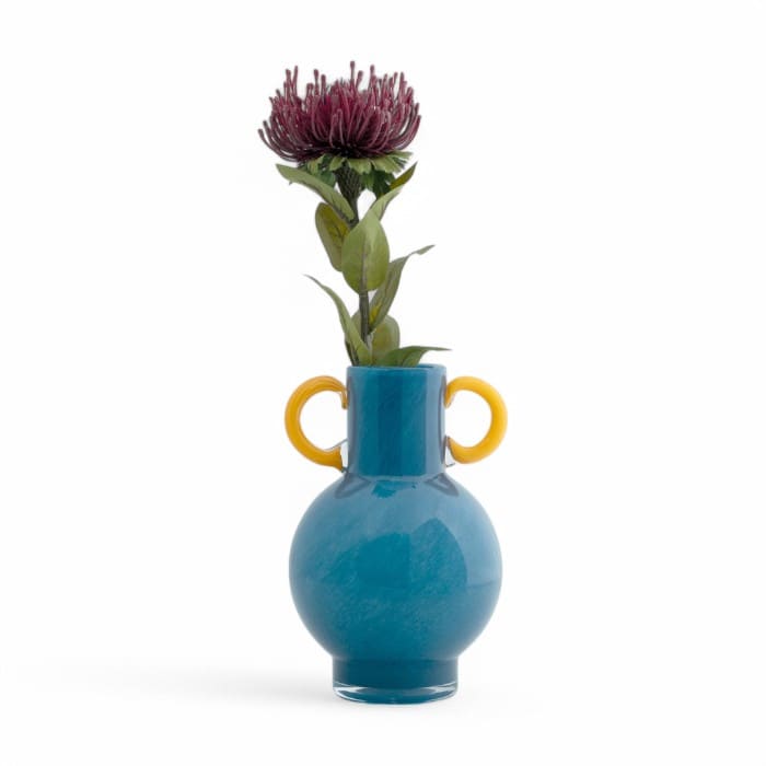 Vaso Fiesta Glass Bright Blue con manici Yellow in vetro soffiato
