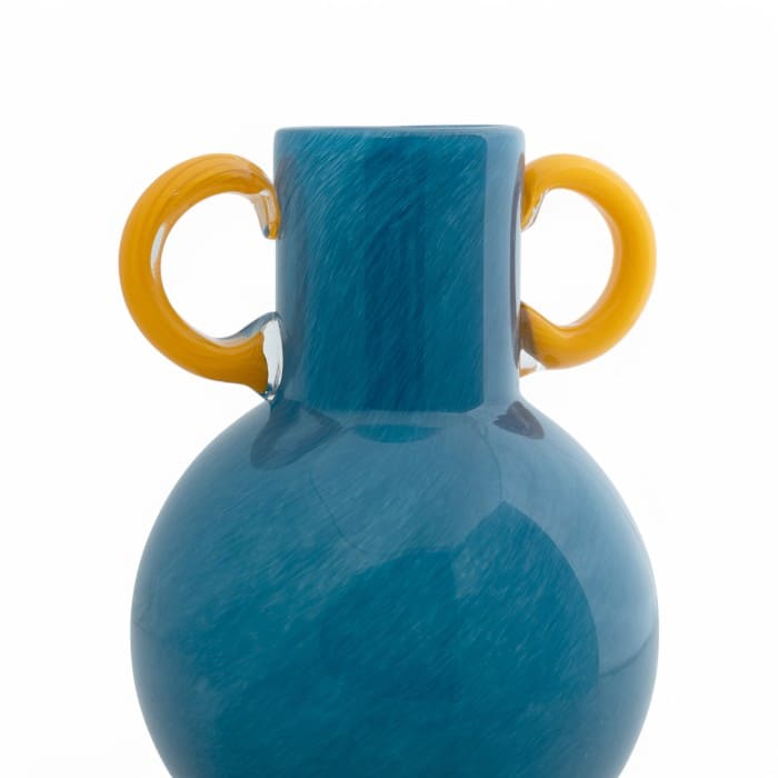 Vaso Fiesta Glass Bright Blue con manici Yellow in vetro soffiato