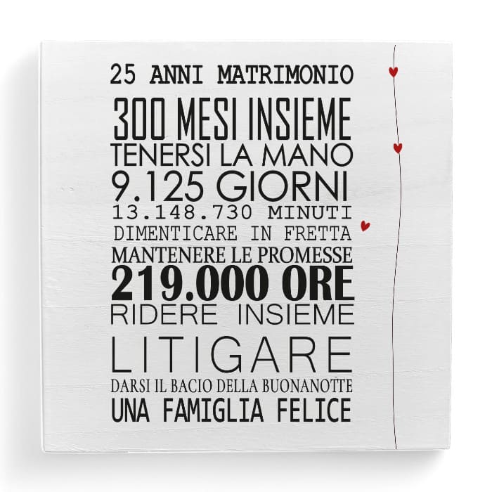 Dedica in legno profumato con frase "25 anni di matrimonio"