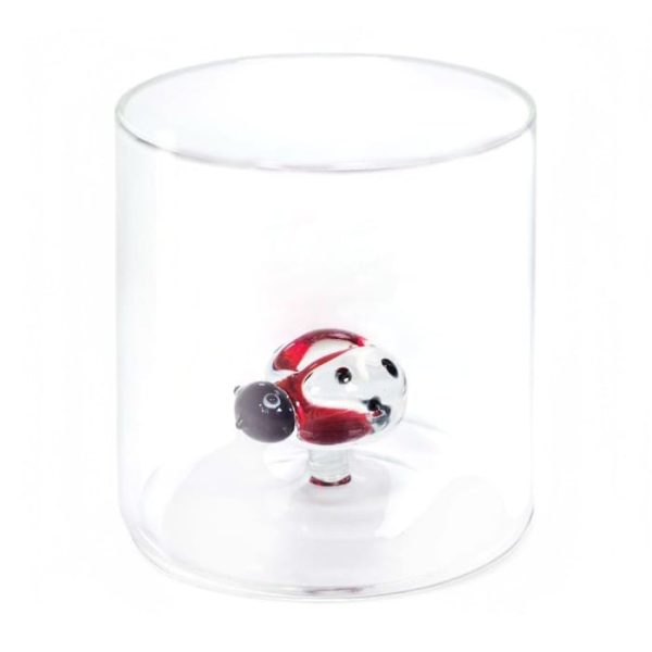 Bicchiere in vetro borosilicato con soggetto coccinella in vetro colorato