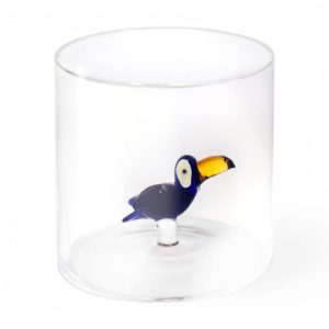 Bicchiere in vetro borosilicato con soggetto tucano in vetro colorato