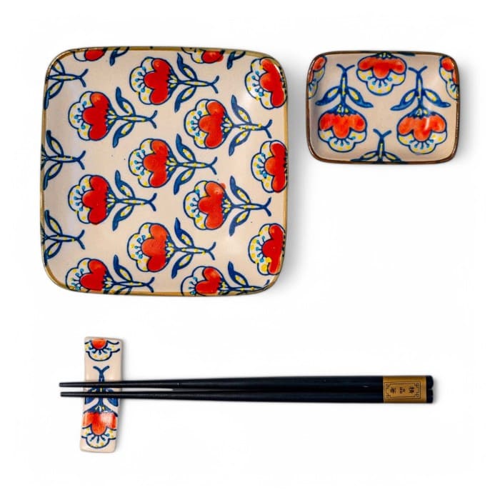 Set da tavola con piattini, ciotoline, bacchette e poggia bacchette fantasia foglie blu