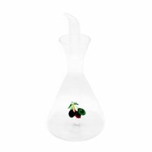 Oliera in vetro borosilicato con decoro olive in vetro colorato e beccuccio antigoccia