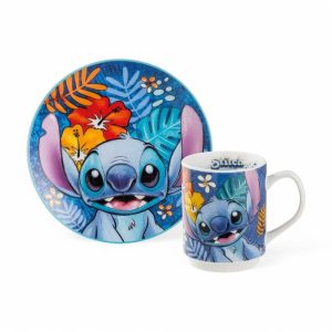 Set piatto dessert e mug in ceramica con decorazione Stitch blu