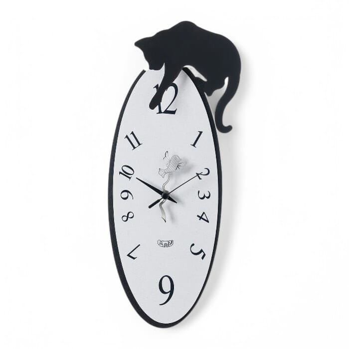 Orologio verticale con gatto e uccellino sagomati in metallo