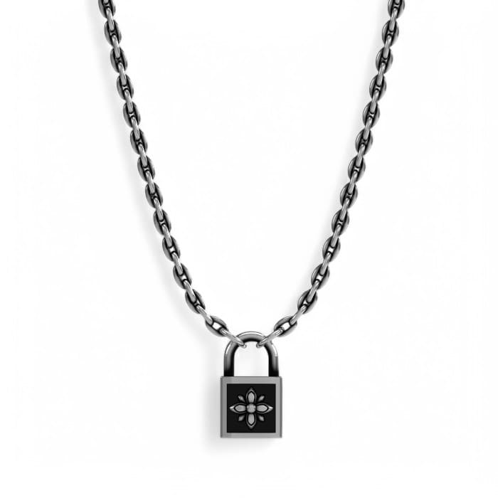 Collana Richmond con ciondolo fiore su lucchetto nero