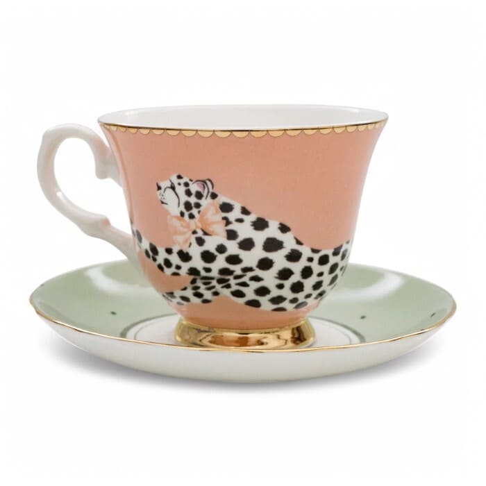 Tazza da tè con piattino Yvonne Ellen motivo ghepardo rosa