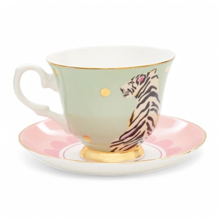 Tazza con piattino Yvonne Ellen motivo tigre e pois dorati
