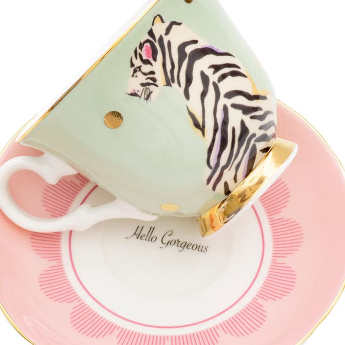 Tazza con piattino Yvonne Ellen motivo tigre e pois dorati
