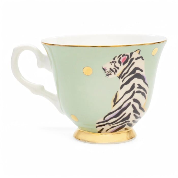 Tazza con piattino Yvonne Ellen motivo tigre e pois dorati