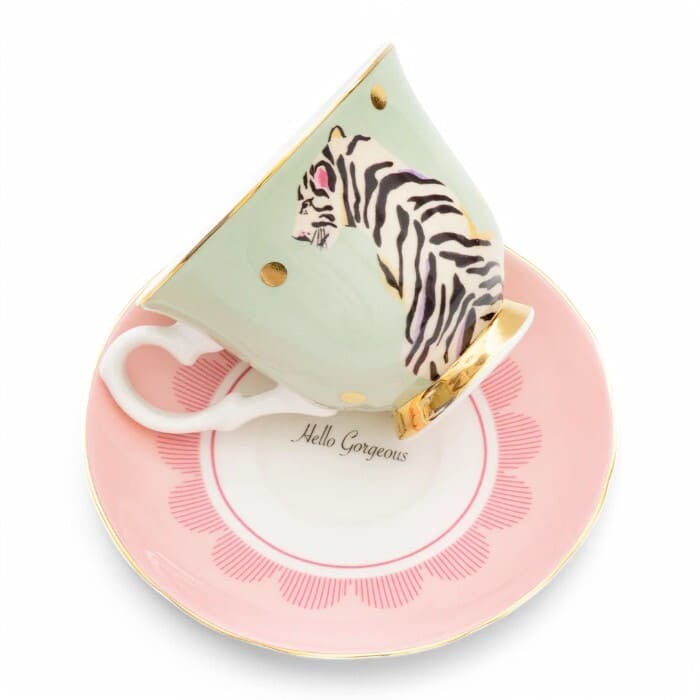 Tazza con piattino Yvonne Ellen motivo tigre e pois dorati