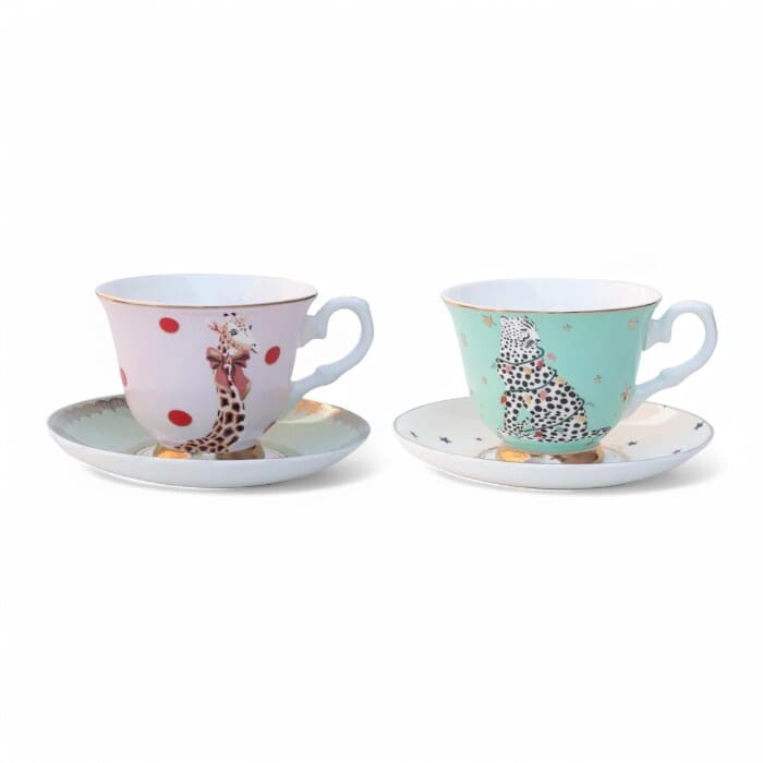 Set 2 tazze da tè Yvonne Ellen con decorazioni ghepardo e giraffa