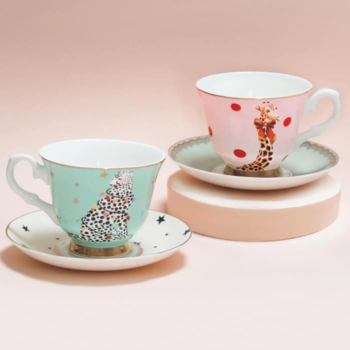 Set 2 tazze da tè Yvonne Ellen con decorazioni ghepardo e giraffa