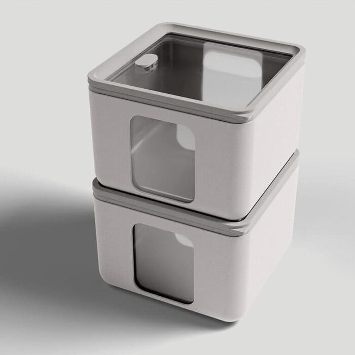 Contenitori Blim Peek Box XS impilati con finestre laterali