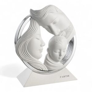 Statuetta Sacra Famiglia Bianca cerchio Argento CM 24×H29