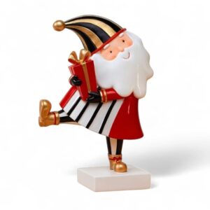 Babbo Natale stilizzato in rosso, bianco e nero che regge un pacco regalo dorato.