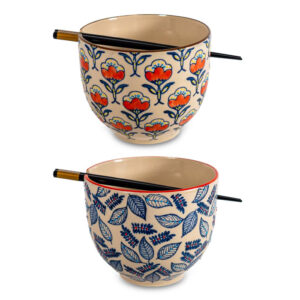 Set di 2 ciotole ramen con decorazione in rilievo e bacchette multicolor