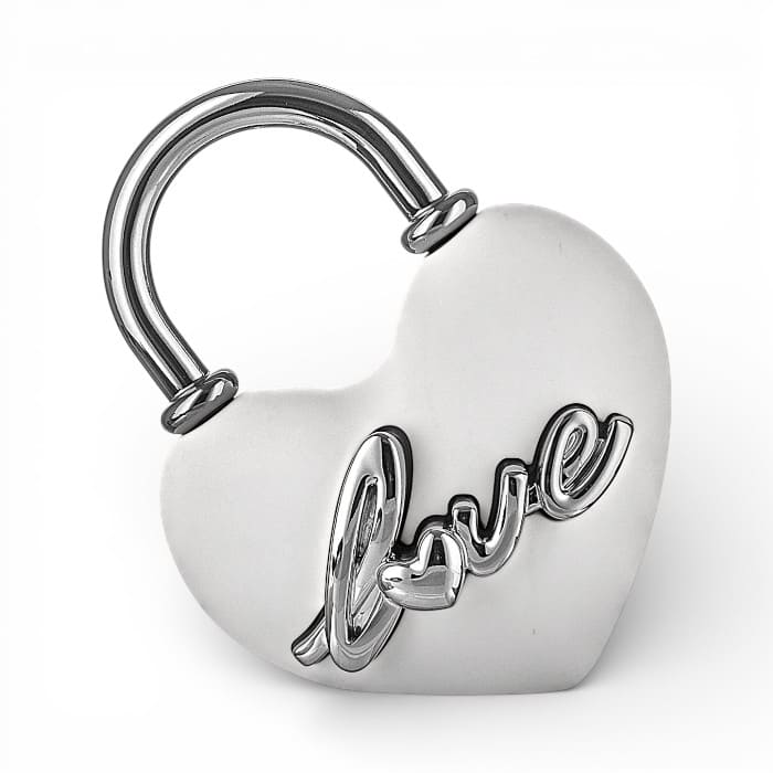 Lucchetto cuore Bongelli bianco con scritta love e dettagli argento 10x9 cm