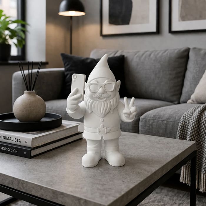 Gnomo selfie bianco Blogo Design 29 cm in resina