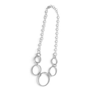 Collana Bocarol in bronzo placcato color argento con catena a maglie irregolari e cinque grandi anelli ovali lavorati