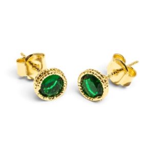 Orecchini Bocarol in bronzo placcato color oro con cristalli verdi rotondi sfaccettati e chiusura a perno