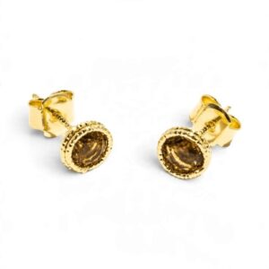 Orecchini Bocarol in bronzo placcato color oro con cristalli fumé rotondi sfaccettati e chiusura a perno