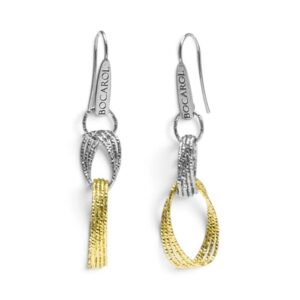 Orecchini pendenti Bocarol in bronzo placcato color oro e argento con fasce ovali intrecciate e chiusura a monachella