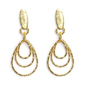 Orecchini Bocarol in bronzo placcato color oro con tre gocce pendenti concentriche e superficie martellata
