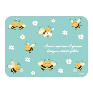Tovaglietta rettangolare Camilla Essere Felice Api 45×33 cm con api sorridenti, margherite bianche e sfondo verde acqua.