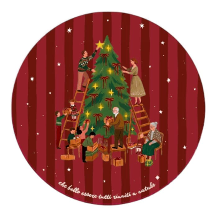 Tovaglietta tonda Camilla Tutti Riuniti Ø 36 cm con scritta Che bello essere tutti riuniti a Natale e decorazioni natalizie.