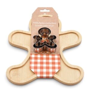 Set Mascagni Casa con tagliere in bamboo a forma di omino pan di zenzero e formine in acciaio per biscotti