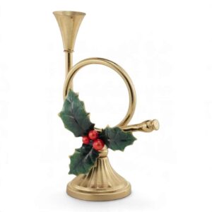 Fantin Argenti porta candela trombetta in metallo dorato con agrifoglio e bacche rosse H28 cm 30422